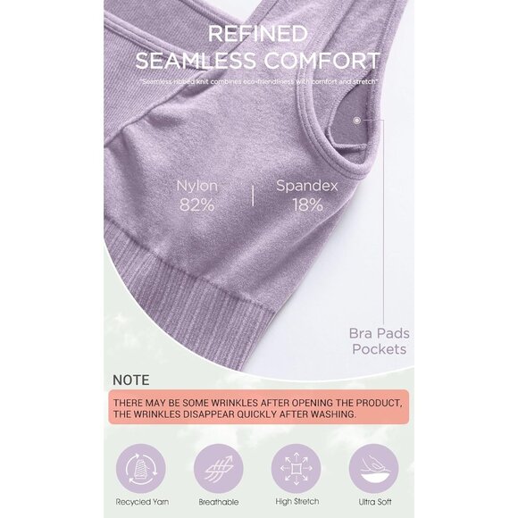 Women's Stone Washing Lavender Square Neck Low Back Ribbed Cropped Sports Bra - Picture 5 of 5